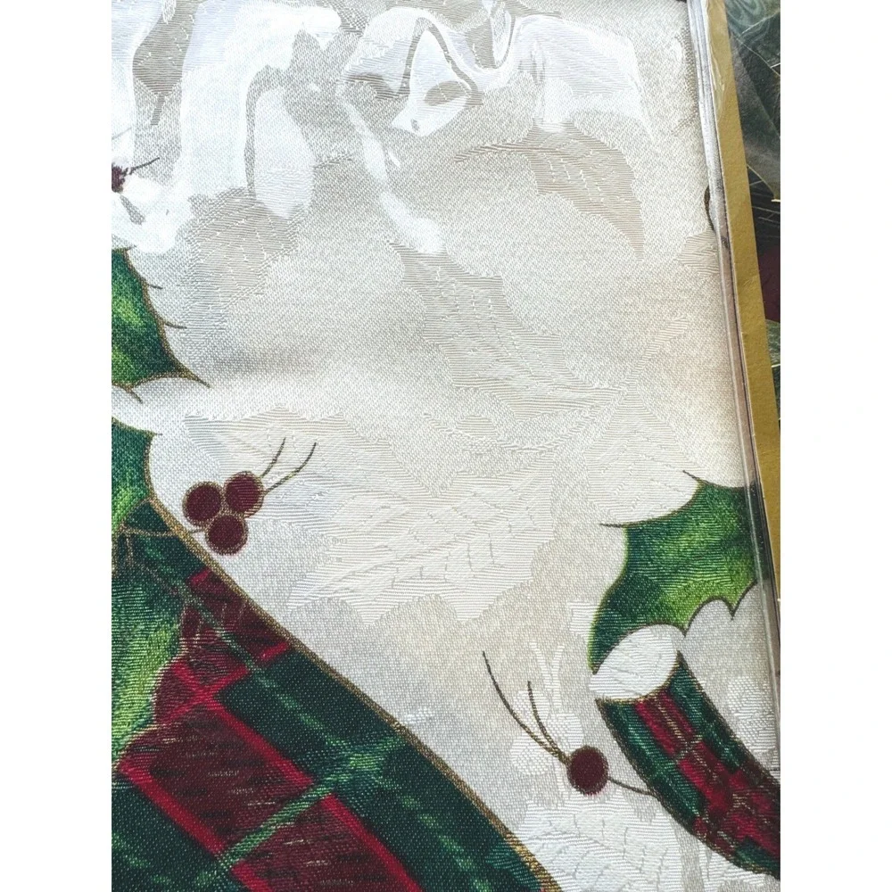 Lenox Holiday Nouveau Tablecloth White Ivory Oval 60x84 Holly Berry Plaid Ribbon